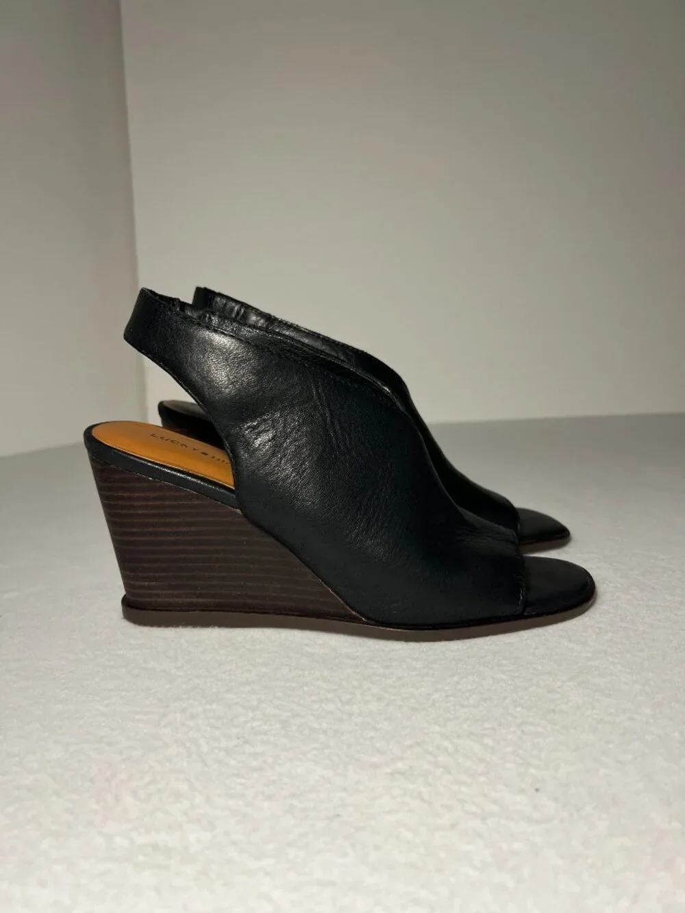 Lucky Brand Women’s 7.5M Black Lordyn Slingback Wedge Leather Open-Toe Peep Heel